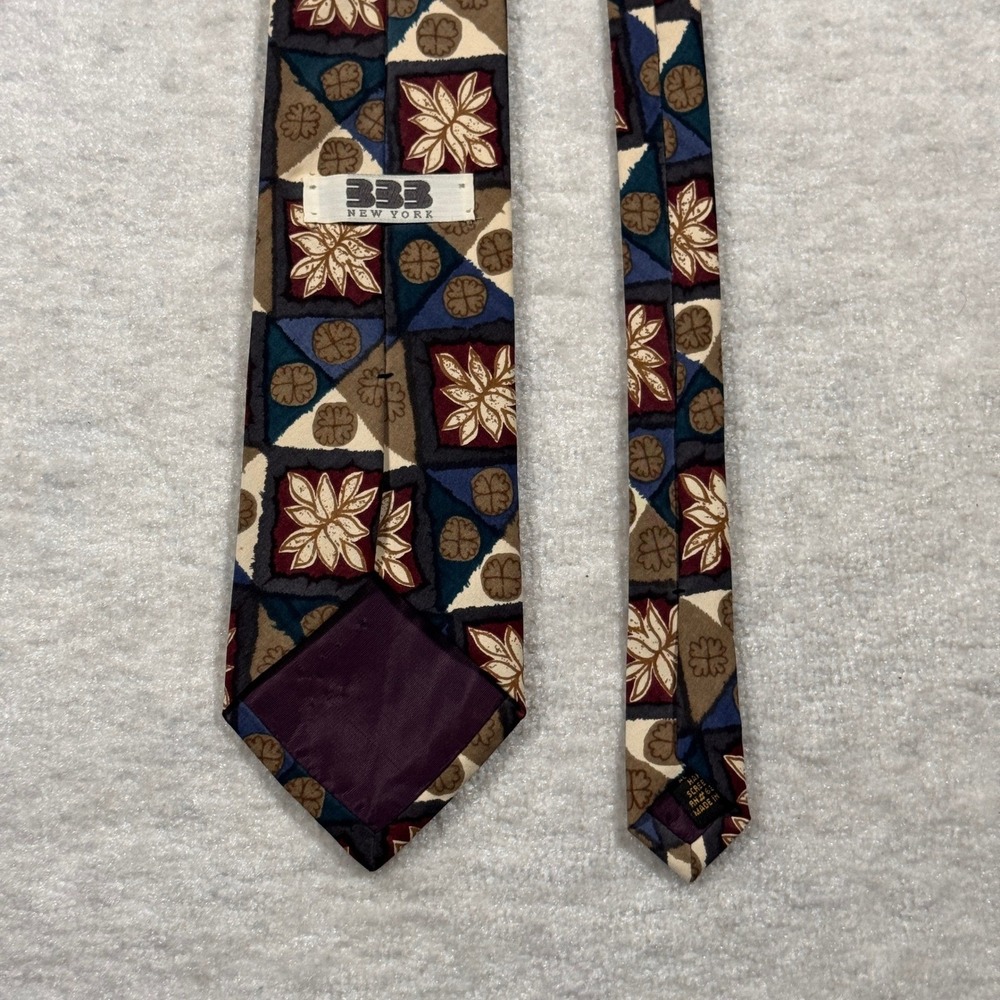 333 New York Silk Tie Mens Geometric Floral Pattern Hand Screened Made in USA - Picture 2 of 2